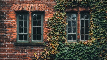 Fototapeta premium Rustic Brick Wall with Ivy and Charming Windows