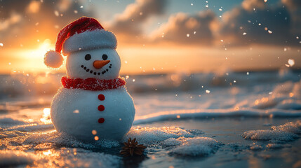 Fototapeta premium Close-up of a snowman against the background of the sea