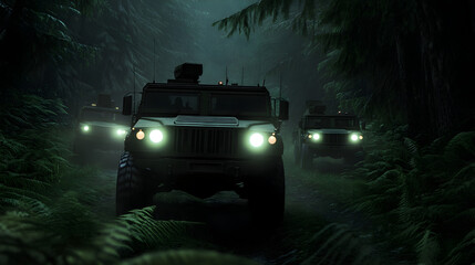 A convoy of military vehicles moving through a dense forest, with only their headlights cutting through the darkness. Simplified, with clean lighting.


