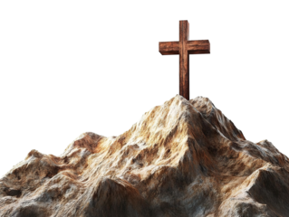Wooden cross on a rocky mountain, isolated on transparent cutout background