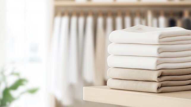 Ivory and beige folded clothes on a shelf with a blurred rack of white clothes in the background