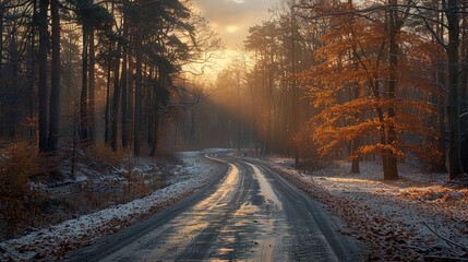 Obraz premium Winter Forest Path at Sunset: A Serene Landscape