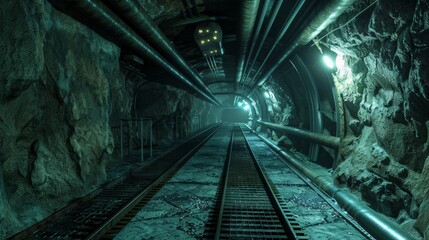 Naklejka premium Surreal Illuminated Underground Railroad Tunnel in Mysterious Dark Cave