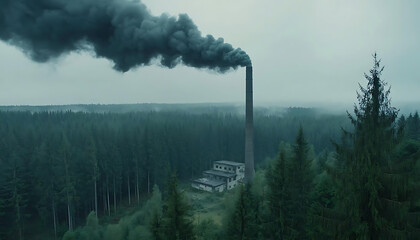 tall chimney emits dark smoke over dense forest, highlighting environmental concerns and air pollution. scene is enveloped in misty atmosphere, emphasizing impact on nature