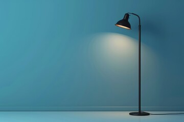 Minimalist standing lamp in a softly lit blue room at night