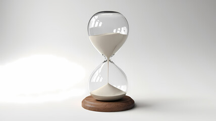 Elegant glass hourglass on a wooden base, with white sand flowing smoothly, symbolizing the passage of time.