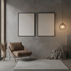 A minimalist living space with earthy tones featuring a cozy chair, warm lighting, and sleek wall decor.