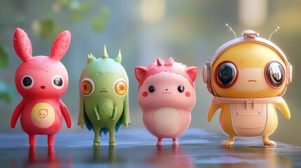 Fototapeta premium A collection of cute and imaginative characters with colorful and playful designs bring whimsical fantasy into a fun setting.