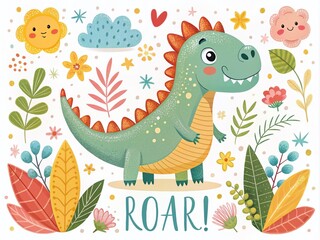 Cute Doodle Dino Cartoon Illustration in Scandinavian Style with Hand-Drawn Roar Lettering