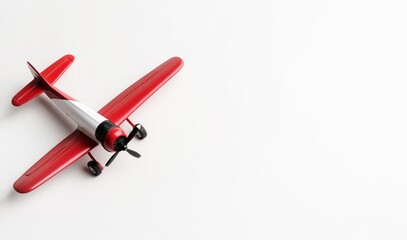 Small red toy airplane on white background. Vintage miniature metal plane model for travel and tourism.