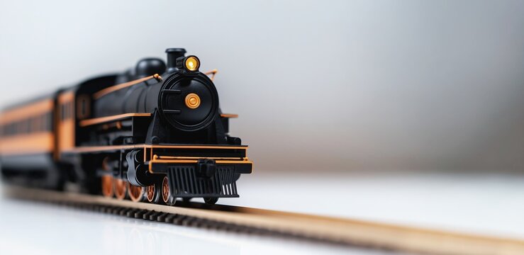 A charming black retro toy train featuring vibrant orange details, beautifully isolated on a clean white background.