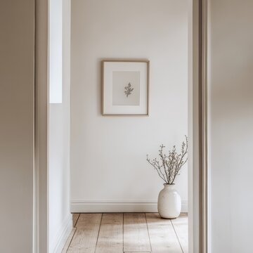 Fototapeta A minimalist and serene hallway featuring a small framed artwork and a ceramic vase with branches on a wooden floor.