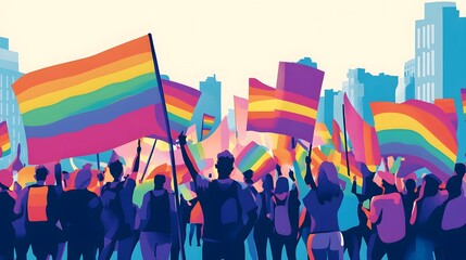 A group of activists holding a peaceful protest for LGBTQ+ rights, with colorful banners and flags