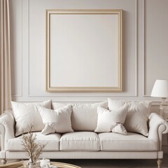 A luxurious living room with a plush neutral-toned sofa, framed artwork, and elegant decor creating a refined and cozy space.