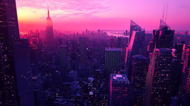 vibrant cityscape at sunset, with skyscrapers bathed in pink and purple hues, creating futuristic and serene atmosphere. skyline is illuminated by setting sun