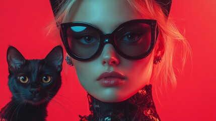 Fototapeta premium A fashionable woman in oversized sunglasses poses with a black cat against a vibrant red background during a photoshoot