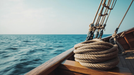 Obraz premium Coiled nautical rope rests on the deck of a sailboat, sailing on tranquil blue waters