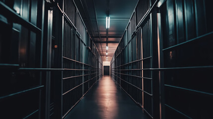 Deserted jail hallway with cell blocks on either side creating patterns of light and shadow on the ground