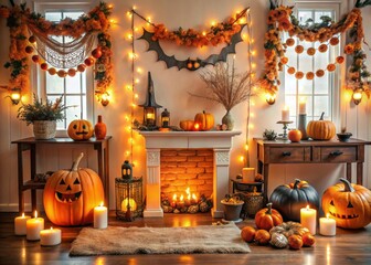 Obraz premium Cozy indoor Halloween decorations featuring glowing jack o lanterns, candles, and festive garlands, creating a warm and inviting autumn atmosphere in the living room.