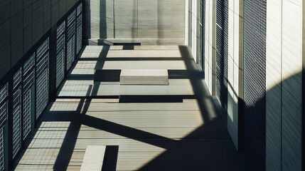 Obraz premium Sunlight is casting shadows from a metal railing onto the tiled floor of a modern atrium