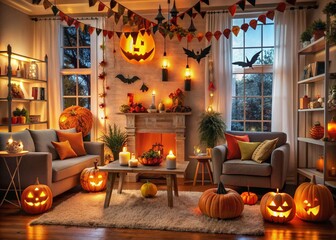 Obraz premium Cozy indoor Halloween decorations featuring glowing jack o lanterns, candles, and festive garlands, creating a warm and inviting autumn atmosphere in the living room.