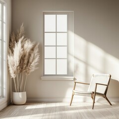 A minimalist room features a woven chair and pampas grass next to a window, with light creating a calm and serene atmosphere.