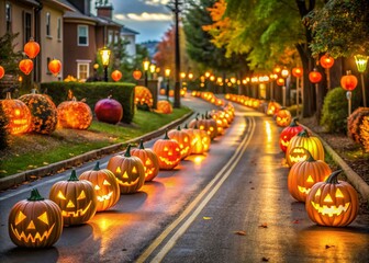 Charming suburban Halloween street lined with jack o lanterns and festive decorations, glowing warmly to celebrate Halloween in a picturesque autumn setting.