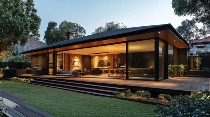 Fototapeta premium Modern Glass House with Wooden Deck