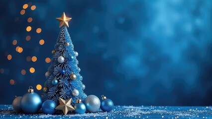 Blue and gold Christmas tree toys on a dark blue background, Christmas tree, festive atmosphere, free space for text
