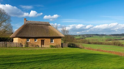 Obraz premium Charming Thatched Roof Cottage in Scenic Landscape