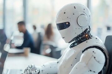 A sleek white humanoid robot sits in a modern office environment, intently working on a computer, surrounded by blurred humans, symbolizing technology's future integration.