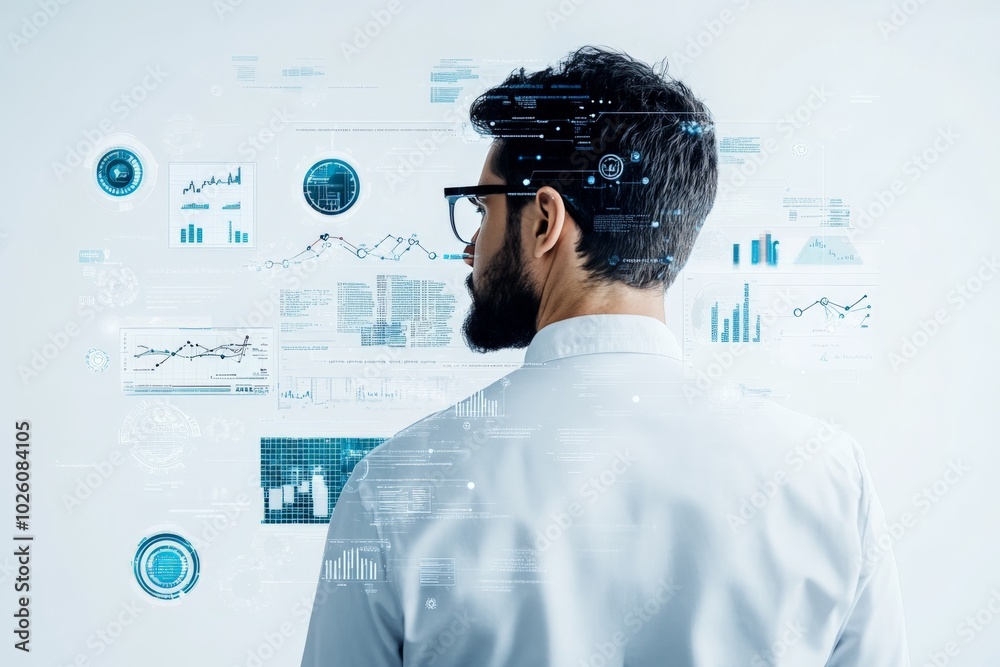 Poster a data scientist with glasses is seen from behind, analyzing complex digital graphics and informatio