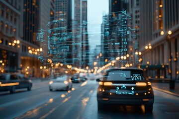 An autonomous car navigates a bustling city environment adorned with dynamic digital data overlay, illustrating the blend of advanced technology and transportation.