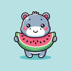 Cute hippo cartoon character with watermelon. Vector illustration.