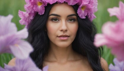 Naklejka premium Beautiful women in a field of pink tulips, surrounded by vibrant flowers, showcasing natural beauty and serene elegance.