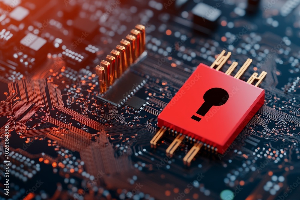 Poster an intriguing image featuring a red computer chip with a question mark symbol set against a backdrop