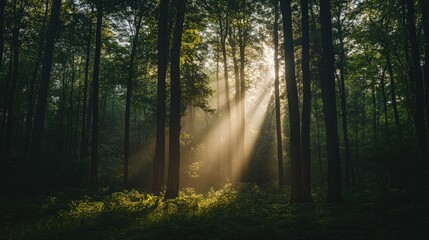 Fototapeta premium Serene Forest Light Beam at Dawn