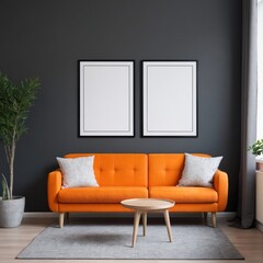 Vibrant orange sofa and chair near wall with poster frame. Scandinavian interior design of modern living room.	