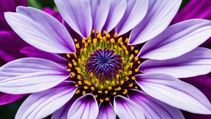 A vibrant close-up of a purple flower showcasing intricate petals and a colorful center.