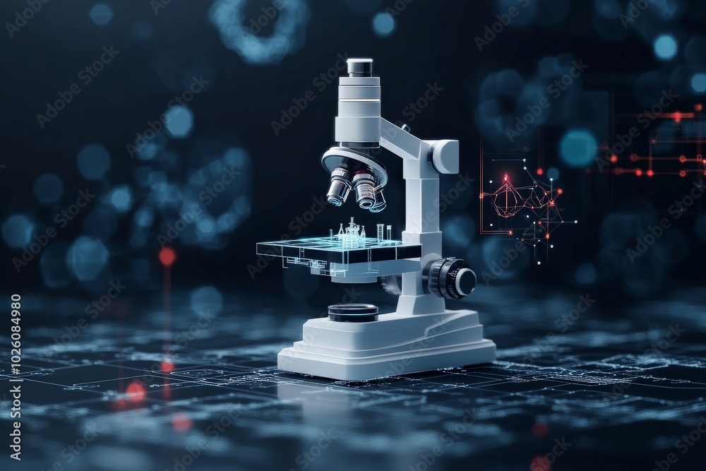 Poster a modern microscope with a digital interface displaying a virtual blueprint, blending technology and