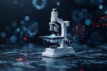 A modern microscope with a digital interface displaying a virtual blueprint, blending technology and science in a futuristic style with glowing elements.