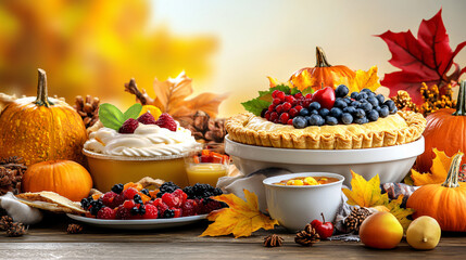 Delight in festive display of Thanksgiving pies and desserts, featuring vibrant fruits, pumpkins, and autumn leaves, creating warm and inviting atmosphere