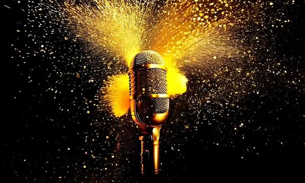 gold microphone on black background
