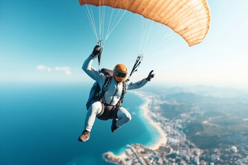 A daring skydiver in a vibrant safety suit gracefully descends with a parachute against a backdrop of a stunning coastal view and endless blue ocean horizon.