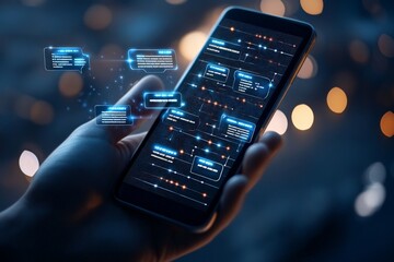 A hand grips a smartphone displaying glowing digital dialogue boxes, representing communication, connection, and modern technological advancements.
