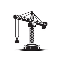 A black and white silhouette illustration of a construction crane with a hook,  against a white background..eps