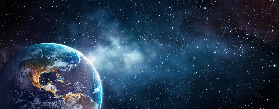Panoramic view of Earth, stars and galaxy. Planet Earth, view from space. Space fantasy.