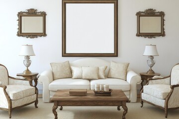Fototapeta premium a framed blank vertical poster with aspect ratio 3:4 hanging on the wall in a Western living room
