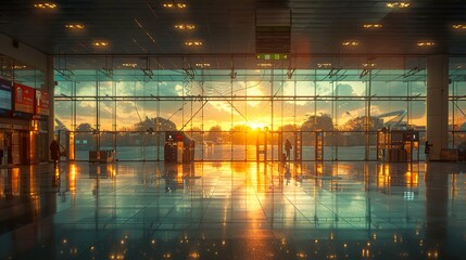 Fototapeta premium Modern Airport Interior with Sunset Reflections
