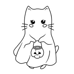Children's Halloween coloring page with kawaii cat in Ghost costume in line art style